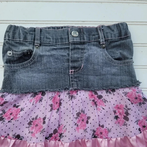 VTG CANDIES Girls Denim Jean Pink Polka Floral Satin Tiered Modest Skirt Size 5 - Picture 4 of 8